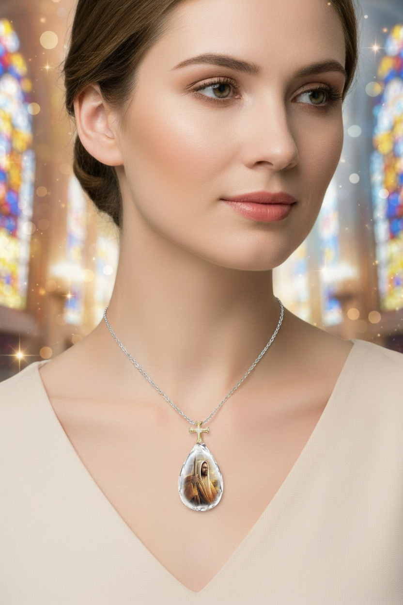 Two-tone crystal cross necklace: silver chain, gold cross, teardrop pendant with religious scene