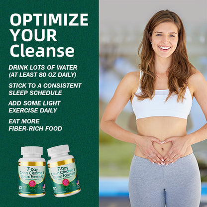 Two colon cleanse supplement bottles with white caps and green-gold labels