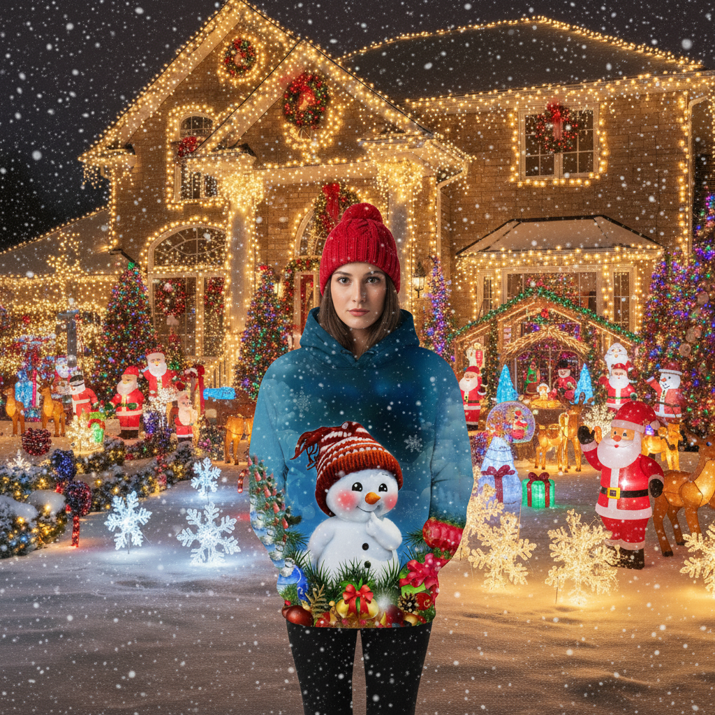 Christmas 3D Digital Print Casual Loose Fit Hooded Pullover Sweatshirt