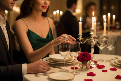 Silver moissanite diamond ring on hand above a formal table setting