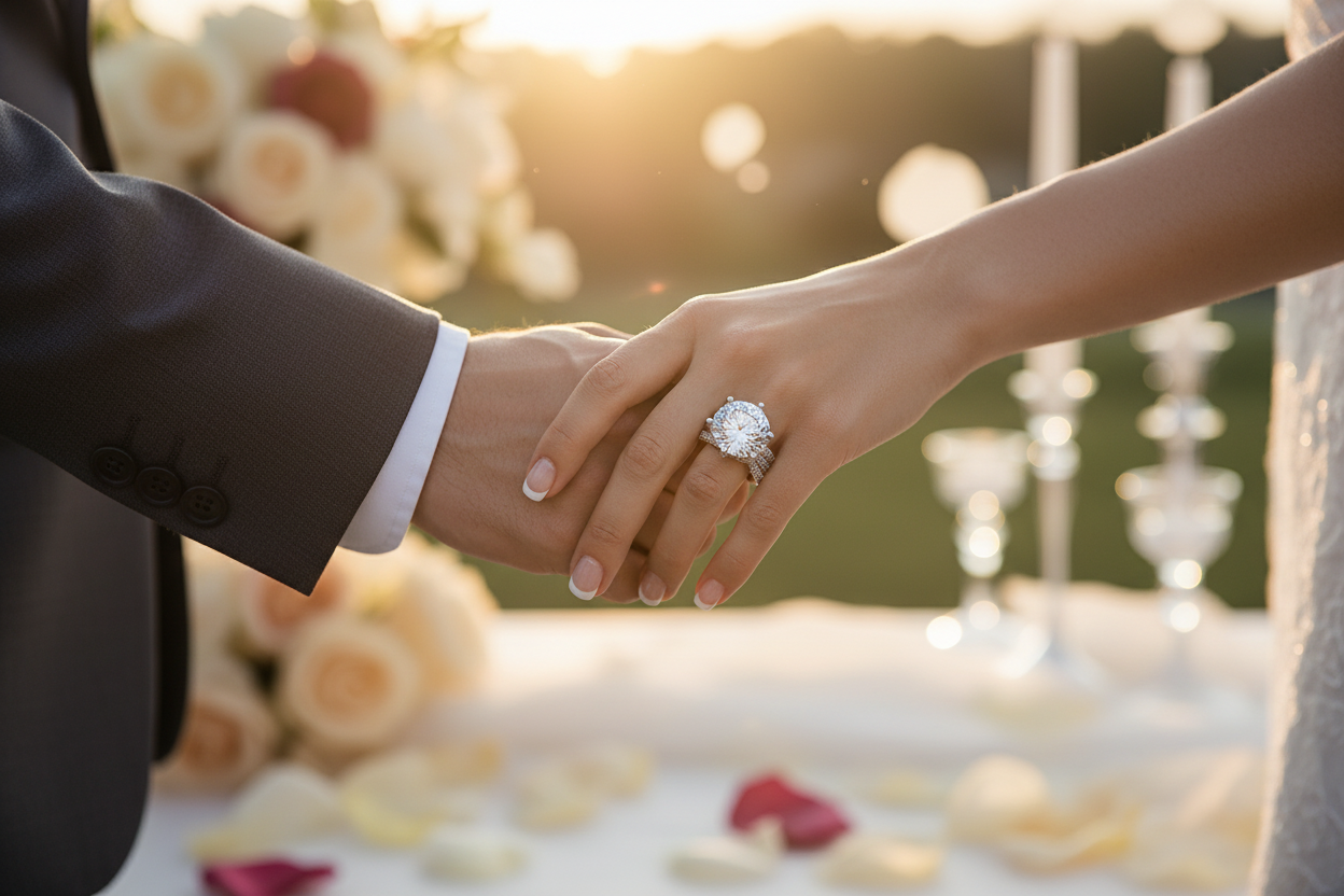 Silver engagement ring with large round moissanite diamond on clasped hands