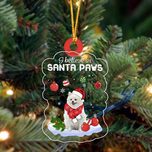 Acrylic dog Santa Paws ornament pendant with white dog in red hat and scarf on snow