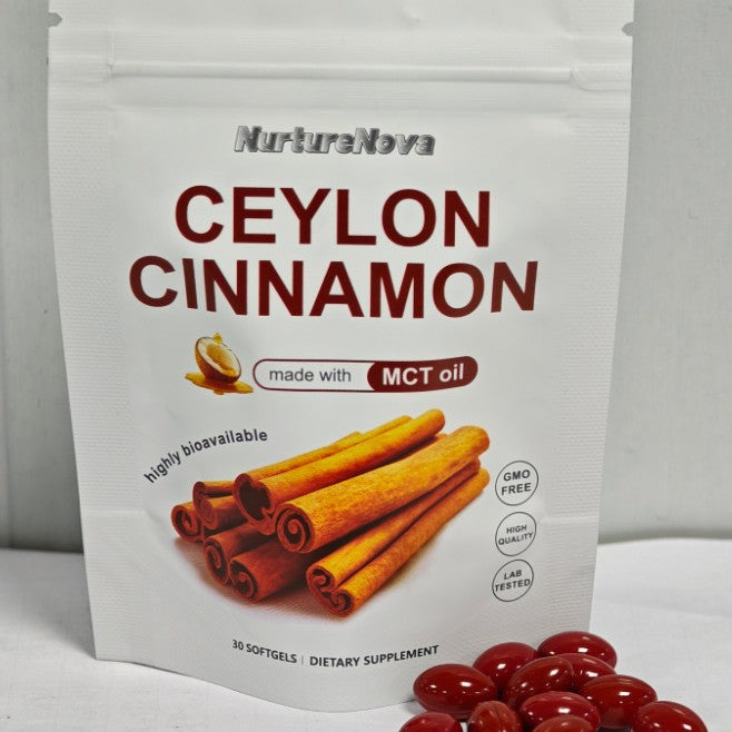 Ceylon cinnamon softgels pouch with red softgel capsules on bottom right