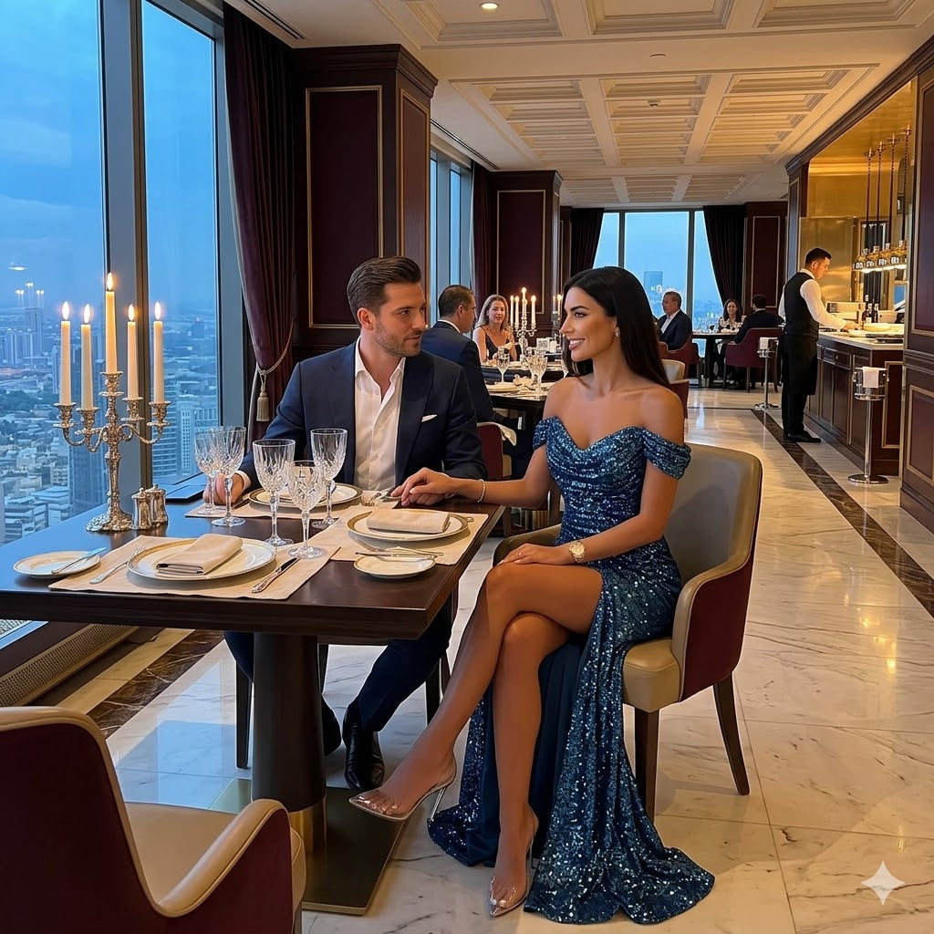 Sequined off-shoulder split dress, long blue glitter gown with fitted off-shoulder neckline