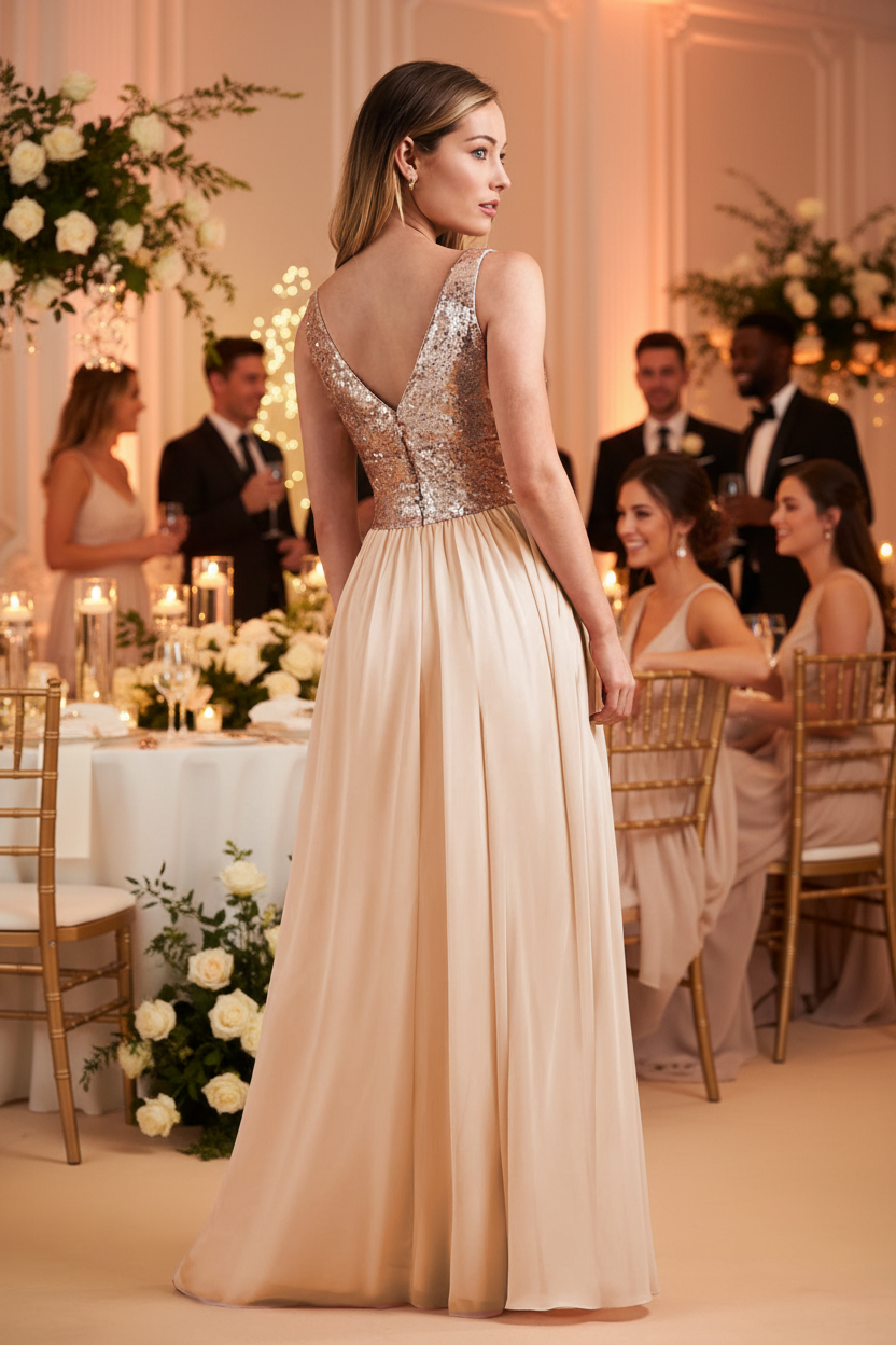 Champagne sleeveless V-neck bridesmaid dress with sequined bodice and flowing skirt