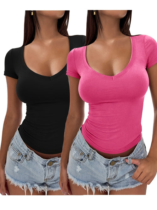 2 Piece Set Of Women's Slim Fit Fashion Short Sleeve V-Neck T-Shirt