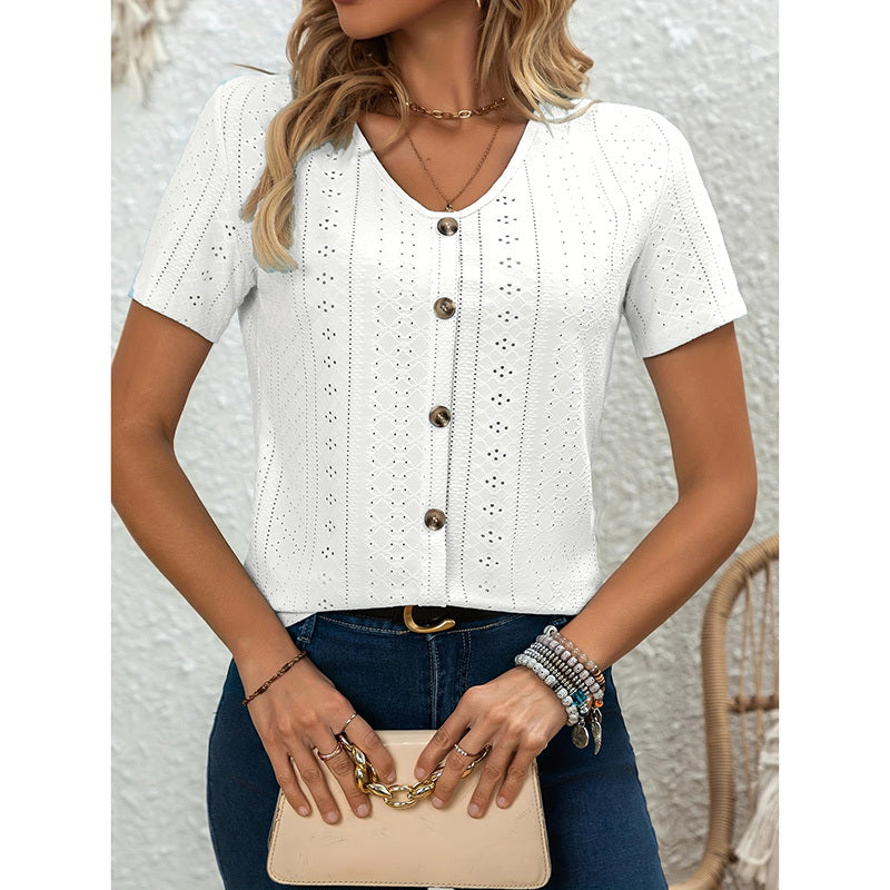 Women's V Neck Short Sleeve Eyelet Tops Summer Casual Loose Fit Button T Shirts