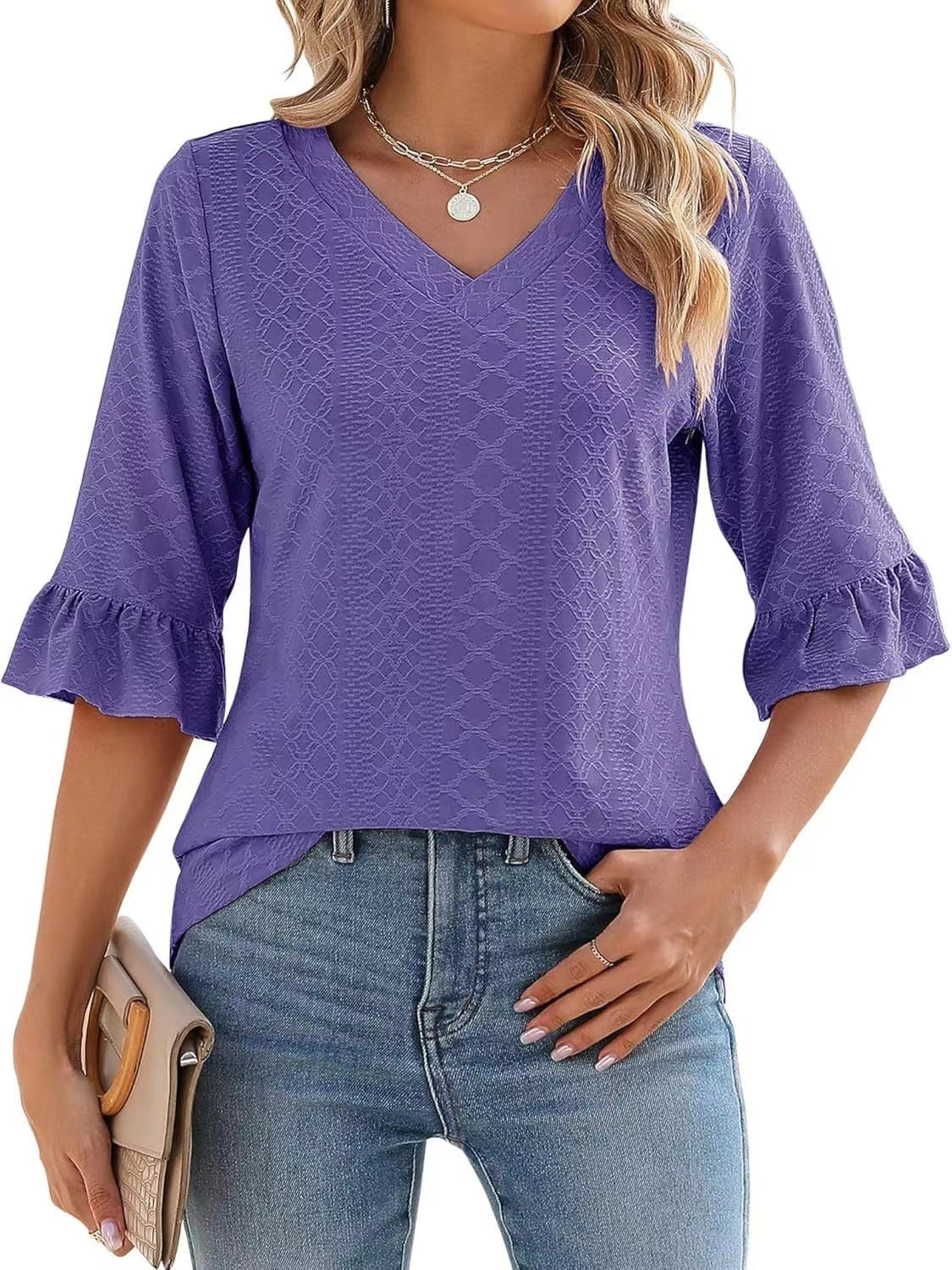 Women’s textured V-neck ruffle-sleeve top in periwinkle purple with flared cuff sleeves
