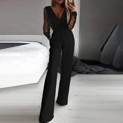 Women's Sexy Solid Color Deep V-Neck Tulle & Sequin Straight Leg Jumpsuit With Pockets