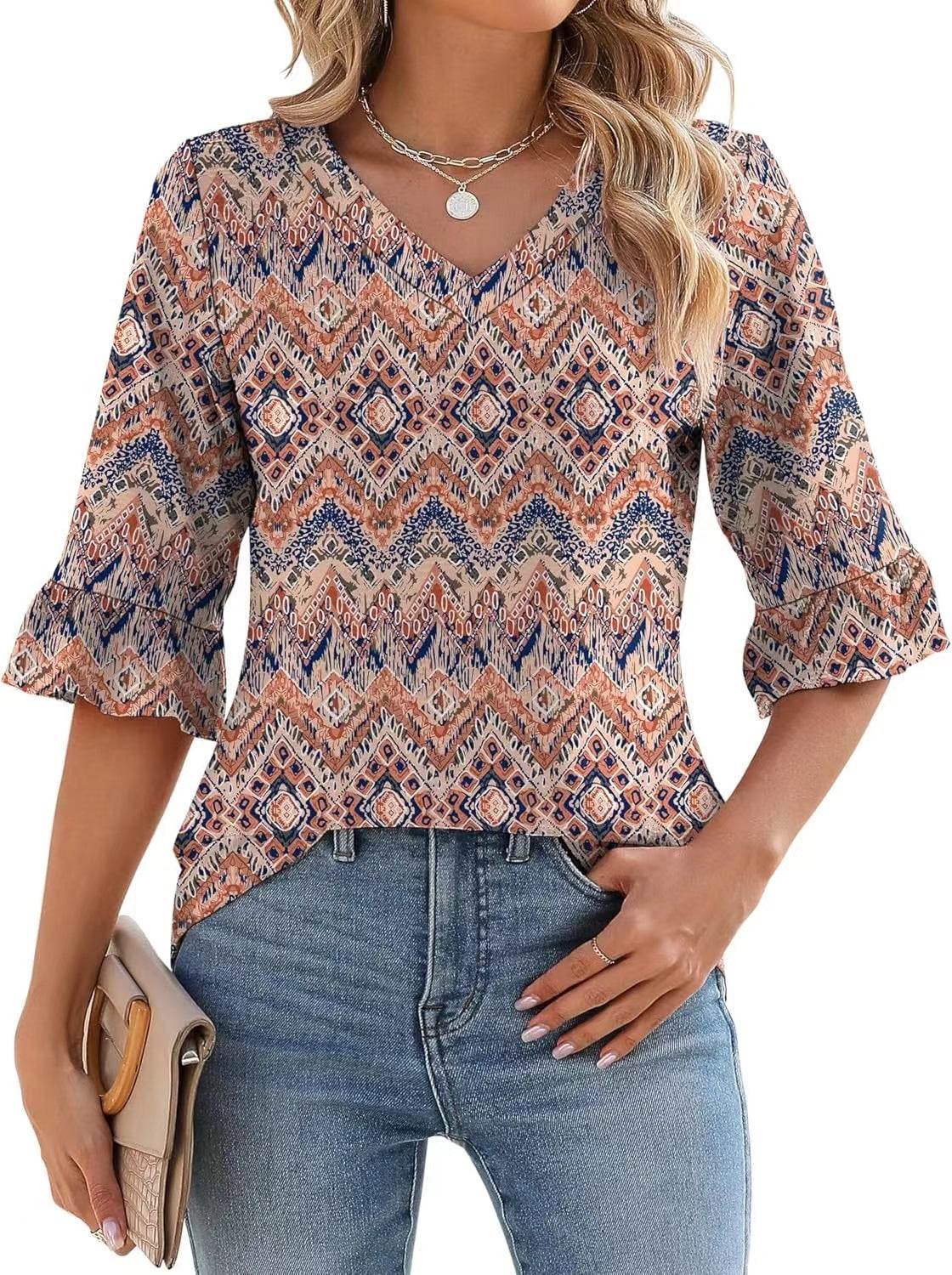 Women’s printed ruffle-sleeve top with V-neck, multicolor geometric pattern