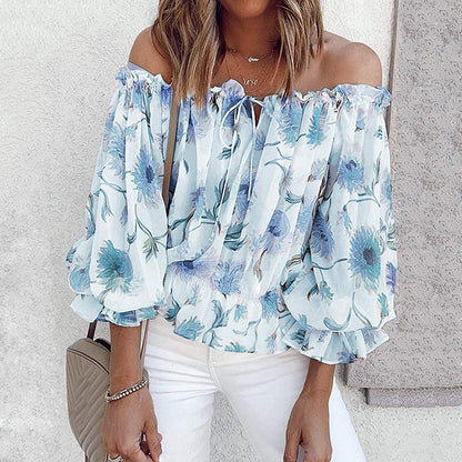 Womens Summer Off Shoulder Blouse Floral Print Ruffle Sleeve Casual Chiffon Tops Shirts