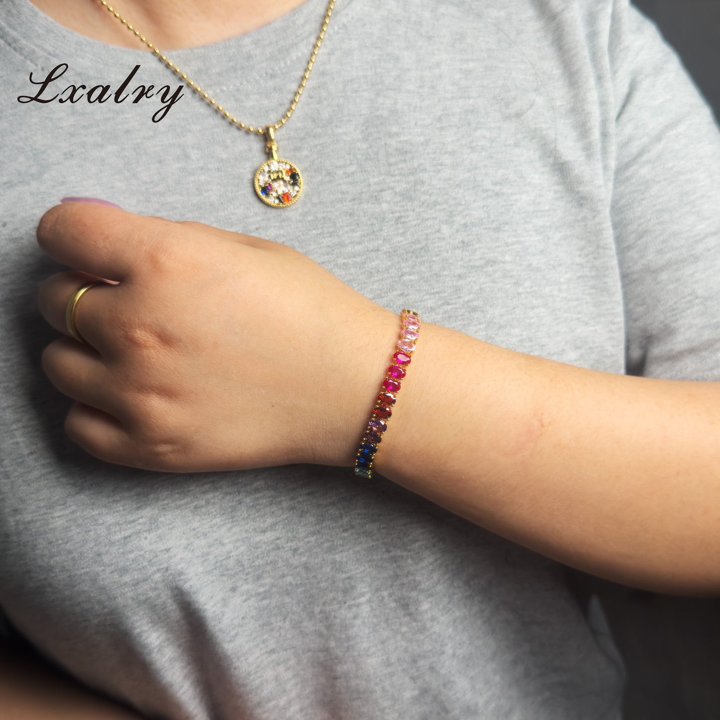 Lxalry 18K Gold Plircon Bracelet - Colorful Gem Tennis Chain For Gifting & Everyday Glam - Non-Tarnish, Hypoallergenic, Y2K Trending Jewelry