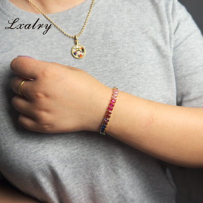 Lxalry 18K Gold Plircon Bracelet - Colorful Gem Tennis Chain For Gifting & Everyday Glam - Non-Tarnish, Hypoallergenic, Y2K Trending Jewelry