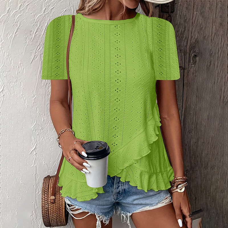 Women's Ruffle Hem Short Sleeve T-Shirt Casual Summer Crew Neck Blouses Top