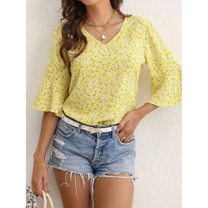 Womens Summer Floral Print Blouses V-Neck Flare Sleeve Tops Dressy Casual T-Shirts