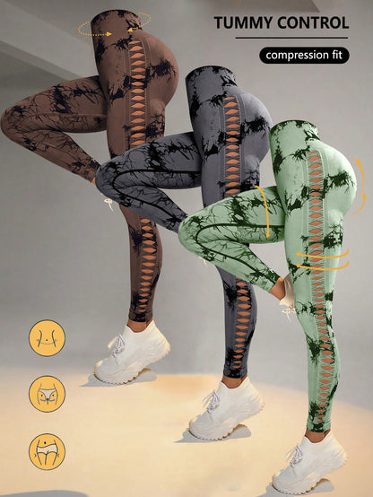 3 Pack Women's Cutout Tie-Dye, High Waisted Seamless Workout Leggings Gym Booty Tights Tummy Control Yoga Pants