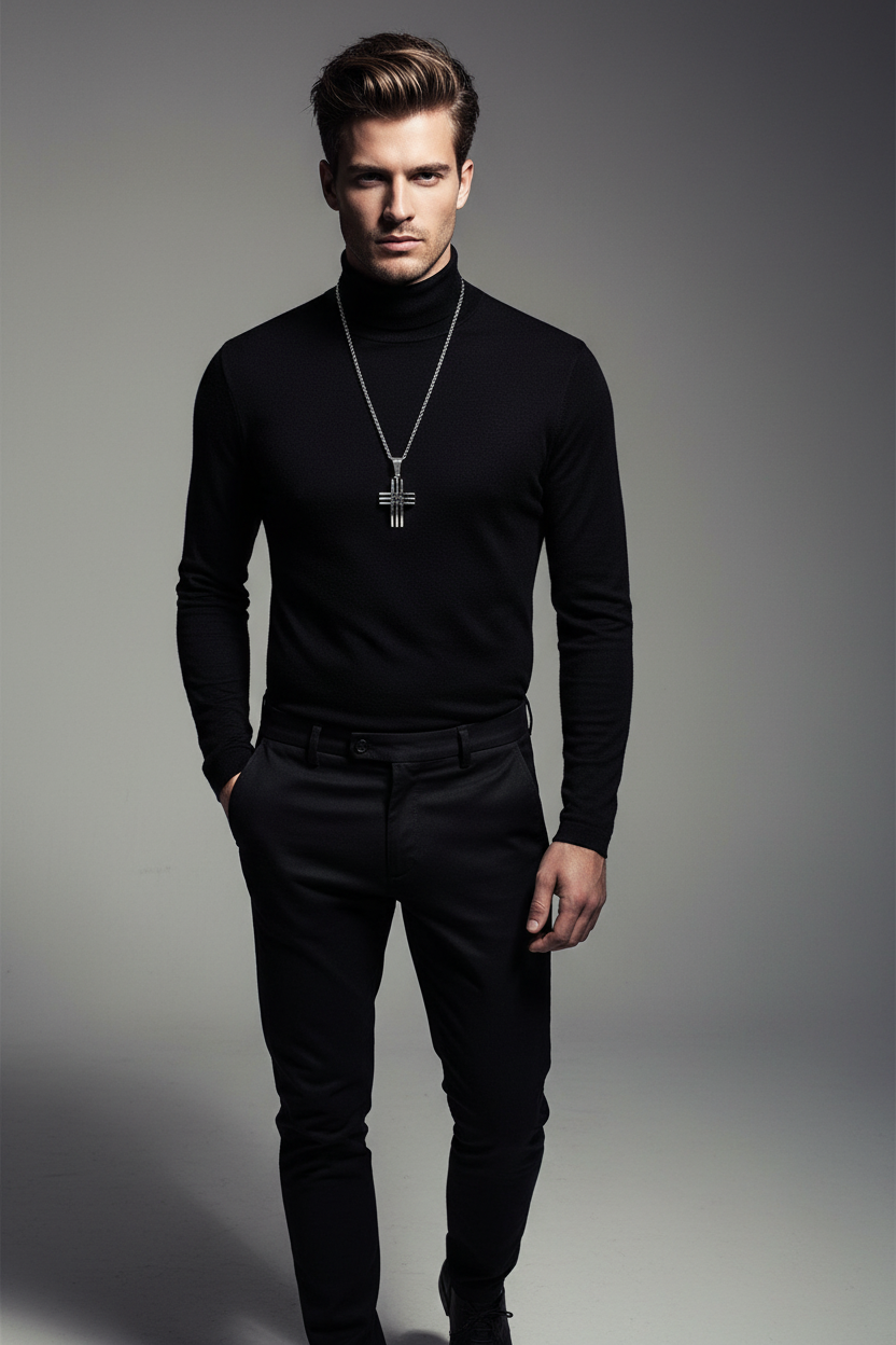 Men’s cross pendant necklace with hollow cross pendant on a silver-tone chain
