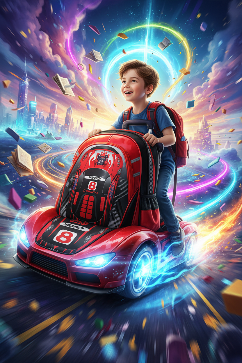 Red detachable trolley schoolbag shaped like a race car with front number 8 panel