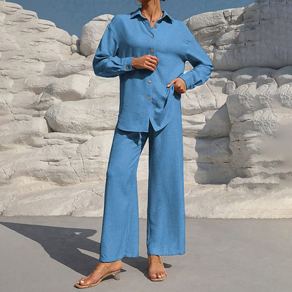 Women's Solid Color Lapel Long Sleeve Pants Set - Button-Up Casual Two-Piece Outfit With Drawstring Waist Lounge Wear