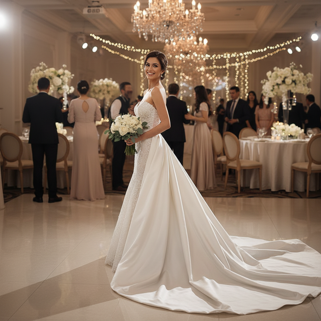 White strapless fishtail wedding dress with lace bodice and flowing skirt train