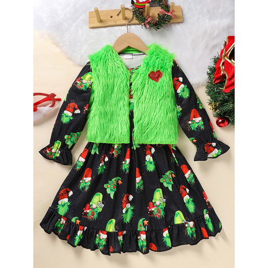 Toddler Kids Baby Girl Christmas Outfits, Long Sleeves Cartoon Prints Party Dress With Heart Print Vest Coat Set