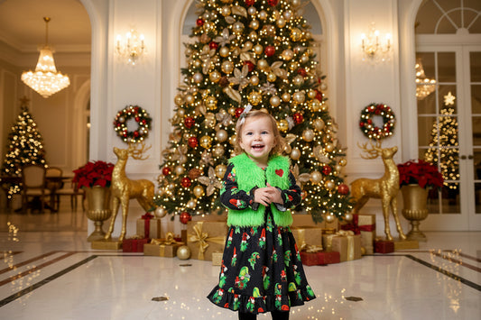 Kids Christmas dress set with green fuzzy vest and long-sleeve dark printed dress
