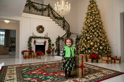 Kids Christmas dress set with green fuzzy vest and dark long-sleeve cartoon-print dress