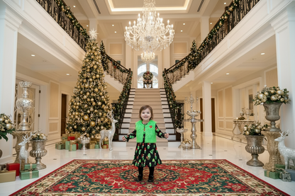 Kids Christmas dress set with green fuzzy heart vest over dark skirt with cartoon prints