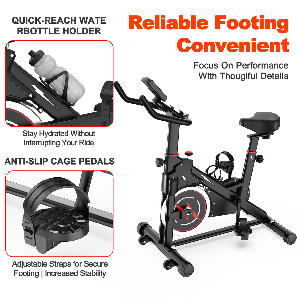 Indoor cycling bike with bottle holder and anti-slip cage pedals