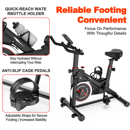 Indoor cycling bike with bottle holder and anti-slip cage pedals