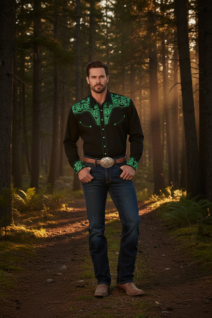Men's black long-sleeve polo-collar button shirt with green printed yoke and sleeves