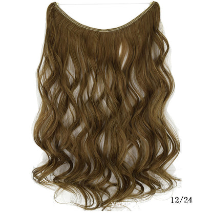 Seamless one-piece hair extension wig in warm brown, wavy long hairpiece