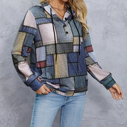 Women's Geometric Print Drawstring Fashionable Casual Hoodie Top