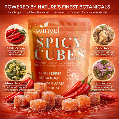 Spicy Cubes pouch with chili pepper and maca root images plus orange gummy cubes