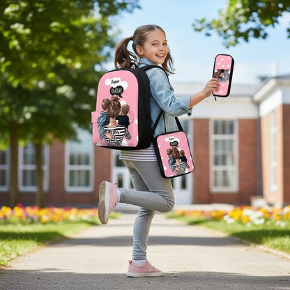 Three-piece printed student backpack set with pink panels and black straps