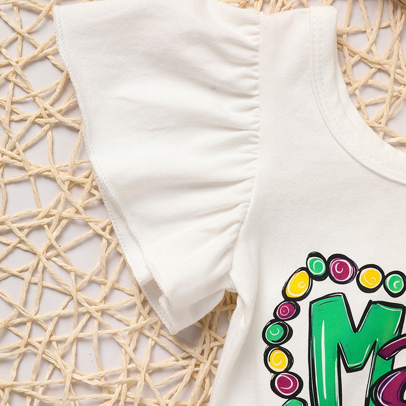 Baby Girls' Mardi Gras Outfit Set Ruffle Sleeve Letter Print Bodysuit, Mesh Tutu Skirt & Hairband