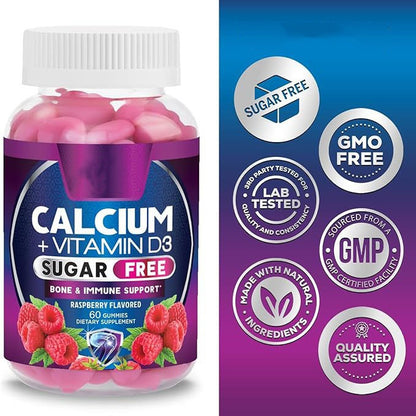 Calcium + Vitamin D3 sugar-free gummy supplement bottle, raspberry flavored, 60 gummies