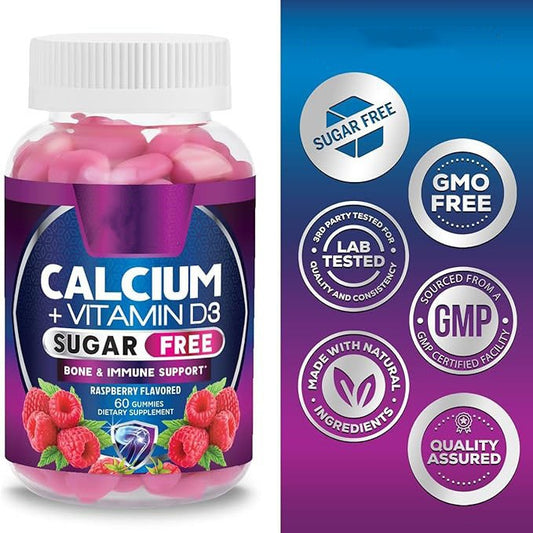 Calcium + Vitamin D3 sugar-free gummy supplement bottle, raspberry flavored, 60 gummies