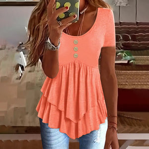 Coral women’s tunic top with crew neck, short sleeves, button front, tiered ruffle hem