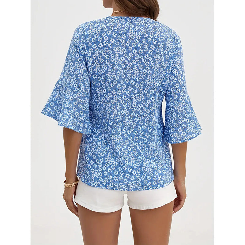 Womens Summer Floral Print Blouses V-Neck Flare Sleeve Tops Dressy Casual T-Shirts
