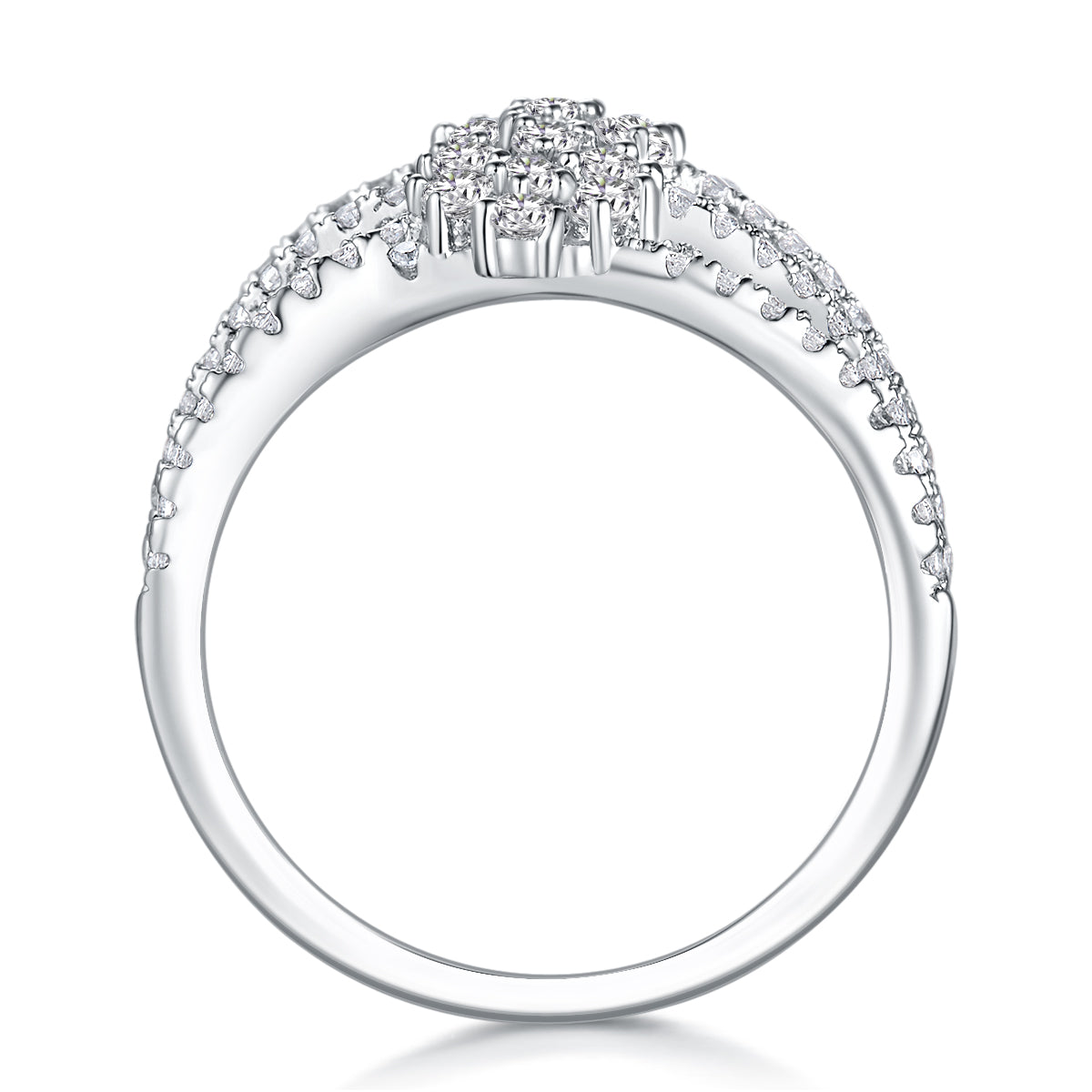 Platinum-tone silver wedding band with prong-set clear stones