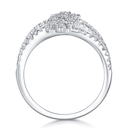 Platinum-tone silver wedding band with prong-set clear stones