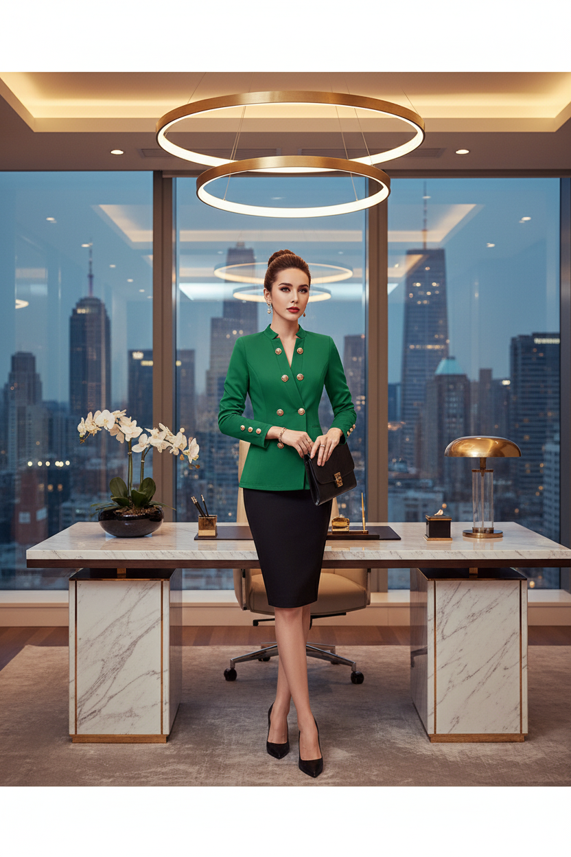 Women’s double-breasted long-sleeve top with button cuffs, deep green with gold buttons