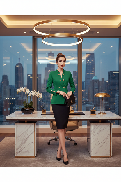 Women’s double-breasted long-sleeve top with button cuffs, deep green with gold buttons