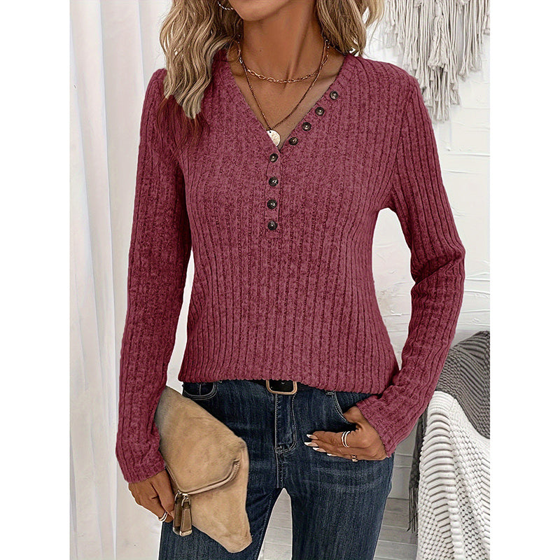 Women's Long Sleeves Ribbed Knit Tunic Shirts V Neck Button Down Slim Fit Blouses Tops