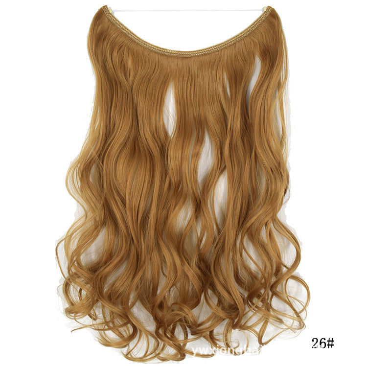 Womens seamless hair extension wig set, caramel brown wavy hair with top band.