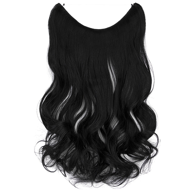 Wavy hair extension wig in black, curved top, thick layered waves