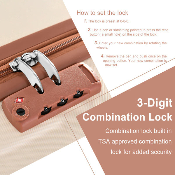 Hard shell Luggage Sets 3 Piece Carry-on Suitcases With Wheels, TSA Lock For Men Women-White