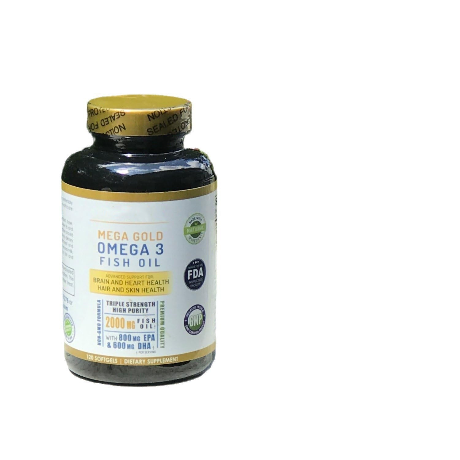 Fish oil softgel bottle with gold cap and blue-and-white label