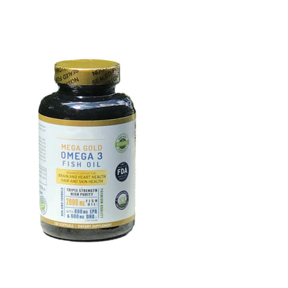 Fish oil softgel bottle with gold cap and blue-and-white label
